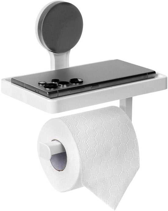 Bathroom Solutions – Toilettenpapierhalter mit Ablage – Weißer Kunststoff – Befestigung mit Saugnapf – Klassisches Design