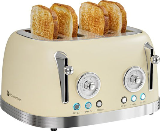 KitchenBrothers Retro-Toaster - Toaster - 6 Heizstufen - 4 extra breite Schlitze - 815W - Beige