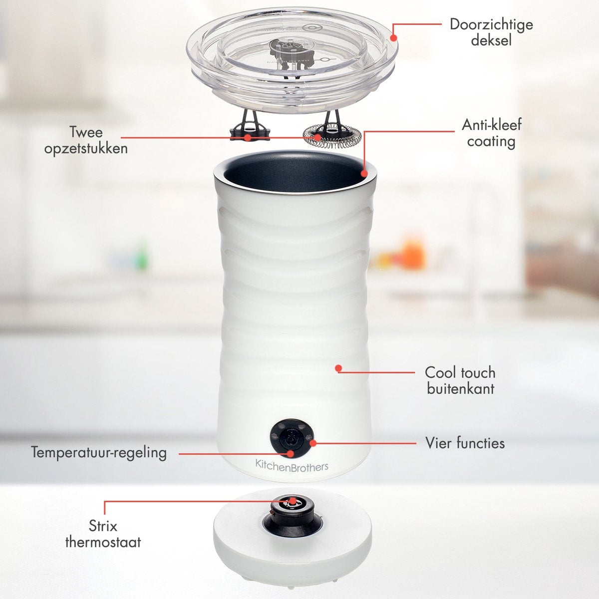 KitchenBrothers Elektrischer Milchaufschäumer - 4-in-1 - 240 ML - Weiß