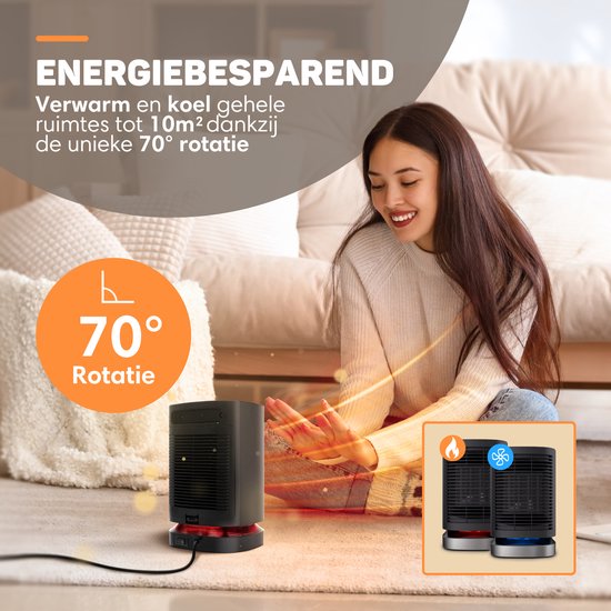 Vulpes Goods® Tech - Elektrischer Heizlüfter - Für Innenräume - Heizlüfter - Keramischer Heizlüfter - 3 Stufen - 950W - LED-Anzeige - Rotierend - Schwarz