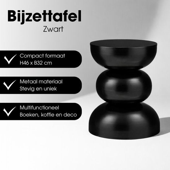 Mica Decorations Luna Beistelltisch – Runder Beistelltisch H46 x Ø32 cm – Eisen-Beistelltisch für Schlafzimmer oder Wohnzimmer – Nachttisch oder Pflanzenständer – Schwarz