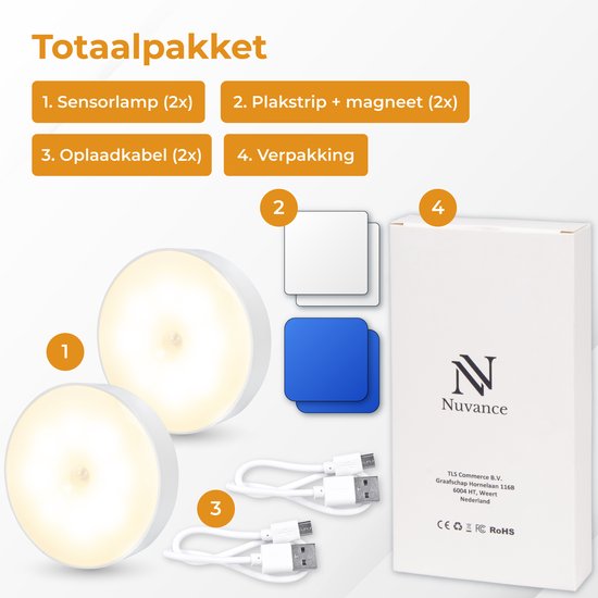Nuvance - Kabellose Led-Leuchte - 2 Stück - Warmweißes Licht - Magnetisch - Tag- und Nachtsensor - Wiederaufladbar über USB - Schrankleuchte - Wandleuchte