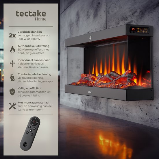 tectake® Wandkamin - Elektrokamin - Atmosphärischer Kamin - 900W & 1800W - Steuerung per Fernbedienung oder App - mit Thermostat - Ofen - mit Heizung - Kamine - mit Holz- und Glüheffekten - 3D Flammen - Timer - 9 Farboptionen