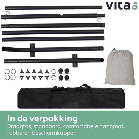 Vita5 Hängematte mit Ständer - 2 Personen - Verstellbare Länge - Inkl. Tragetasche - Gewicht 205 kg - Grau