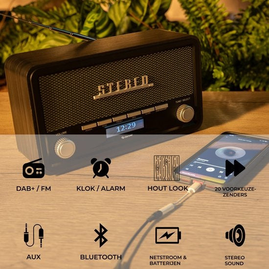 Denver DAB Radio - Modell 2023 - Retro-Radio - Bluetooth - DAB+/ FM - dimmbar - Batterien & Netz - DAB18 - Dunkelgrau