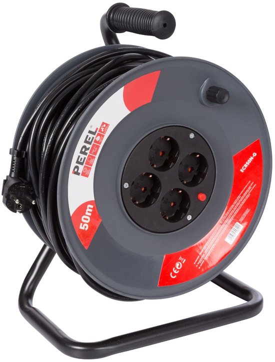 Perel Kabeltrommel, Innenbereich, 4 Steckdosen mit Schutzleiter, thermischer Schutz, Kabellänge 50 m, 3G1,5, grau