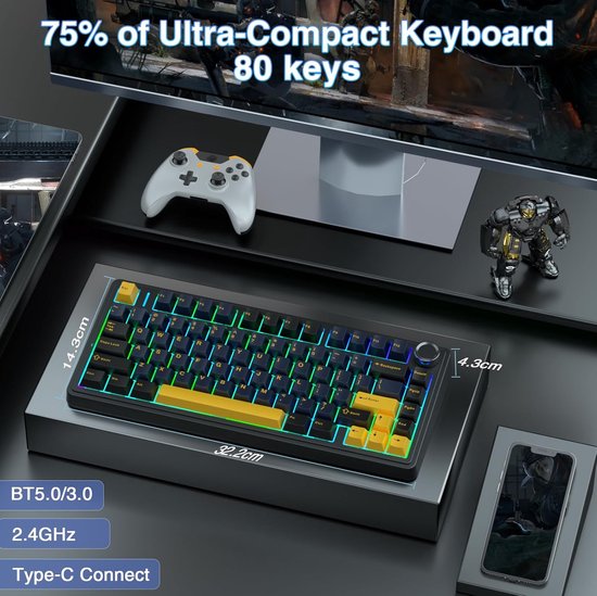 AULA F75 – Kabellose Gaming-Tastatur – Mechanisch – Gasket – Hot-Swap – QWERTY-Tastaturen – Tri-Mode – 80 Tasten – Donnerschwarz
