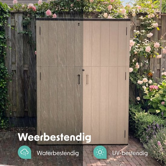 LifeGoods Gartenschrank Vertikal - 1340L - Aufbewahrungsschrank - Wasserdicht & UV-beständig - Gartenbox - Taupe
