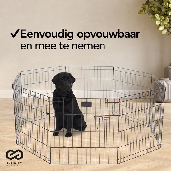 Infinity Goods Puppyren - Hondenren - 8 Panelen - 60 x 76 CM - 608 CM Omtrek - Opvouwbaar - Met Deur - Konijnenren - Zwart