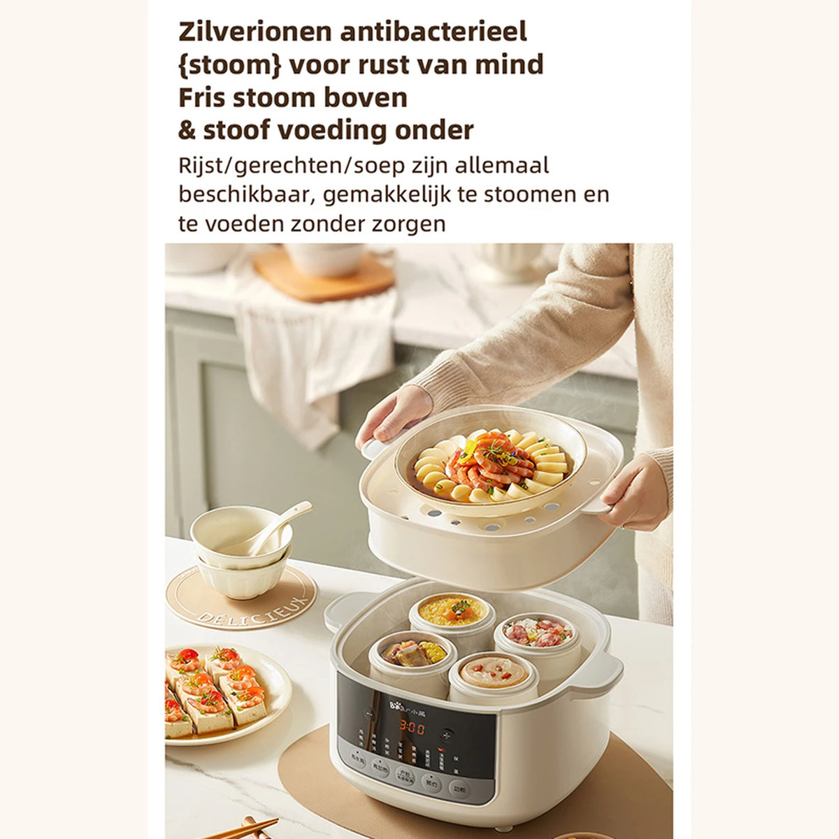 Bear Elektrischer Dampfkochtopf 2,5 l mit Dampfkorb und Glasdeckel – 32,8 × 27,1 × 31 cm