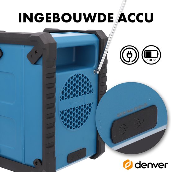 Denver Construction Radio DAB - Bluetooth - mit Akku - AUX - FM - USB-C - spritzwassergeschützt - WRD60