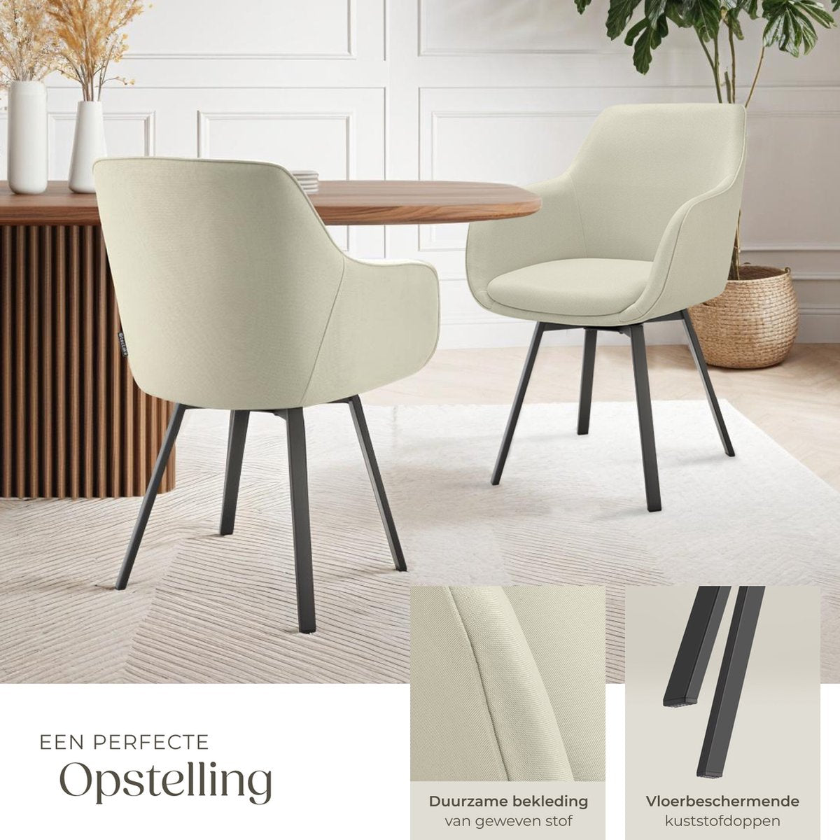 tectake® Esszimmer-Drehstuhl Alicon 57x59x88 cm - 2er-Set - Beige - Stilvolles und bequemes Design für Esszimmer, Wohnzimmer oder Büro