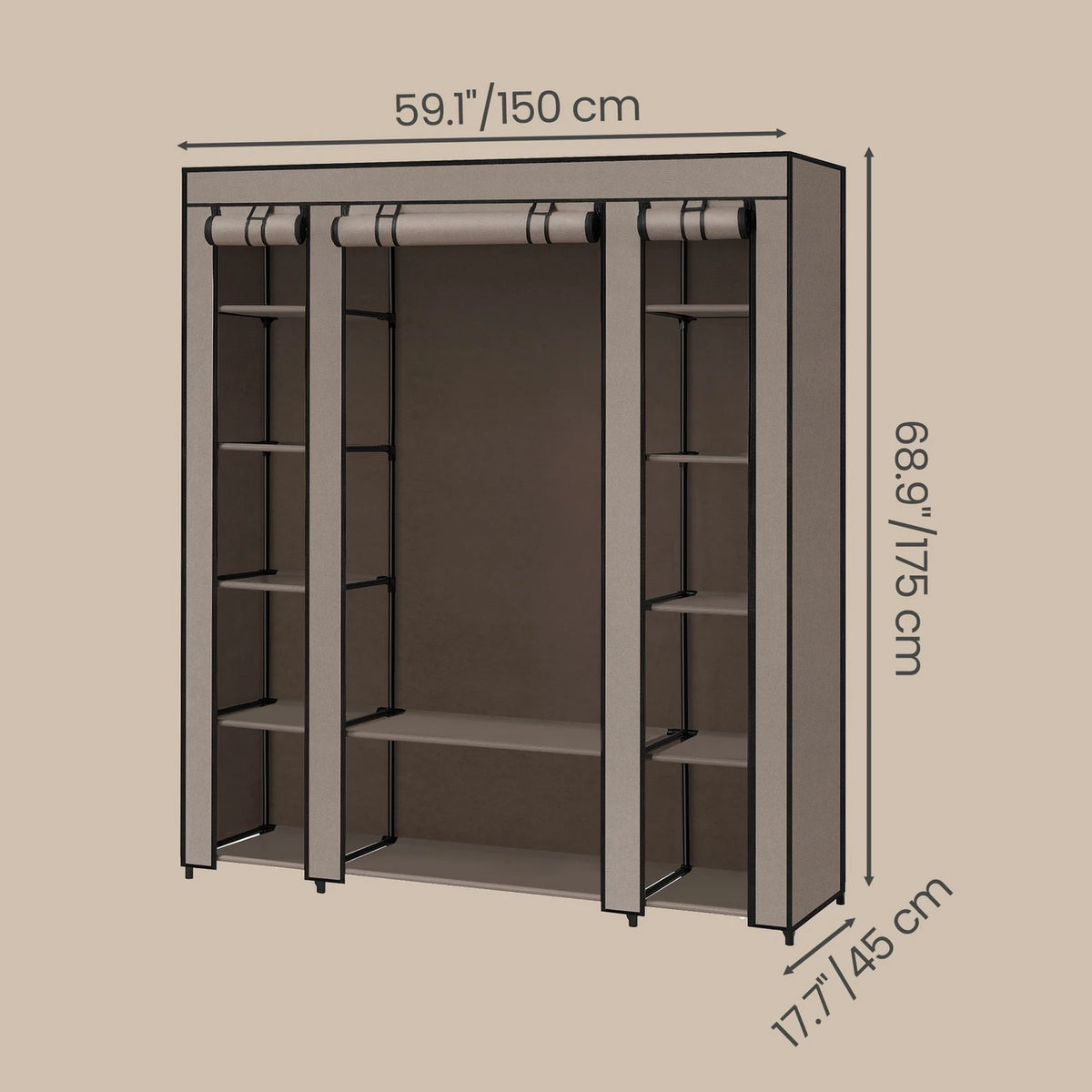 Ochama Kleiderschrank, tragbarer Kleiderschrank für das Schlafzimmer, Kleiderstange mit Stoffbezug, Aufbewahrungssystem für Kleidung, 150 x 45 x 175 cm, Taupe