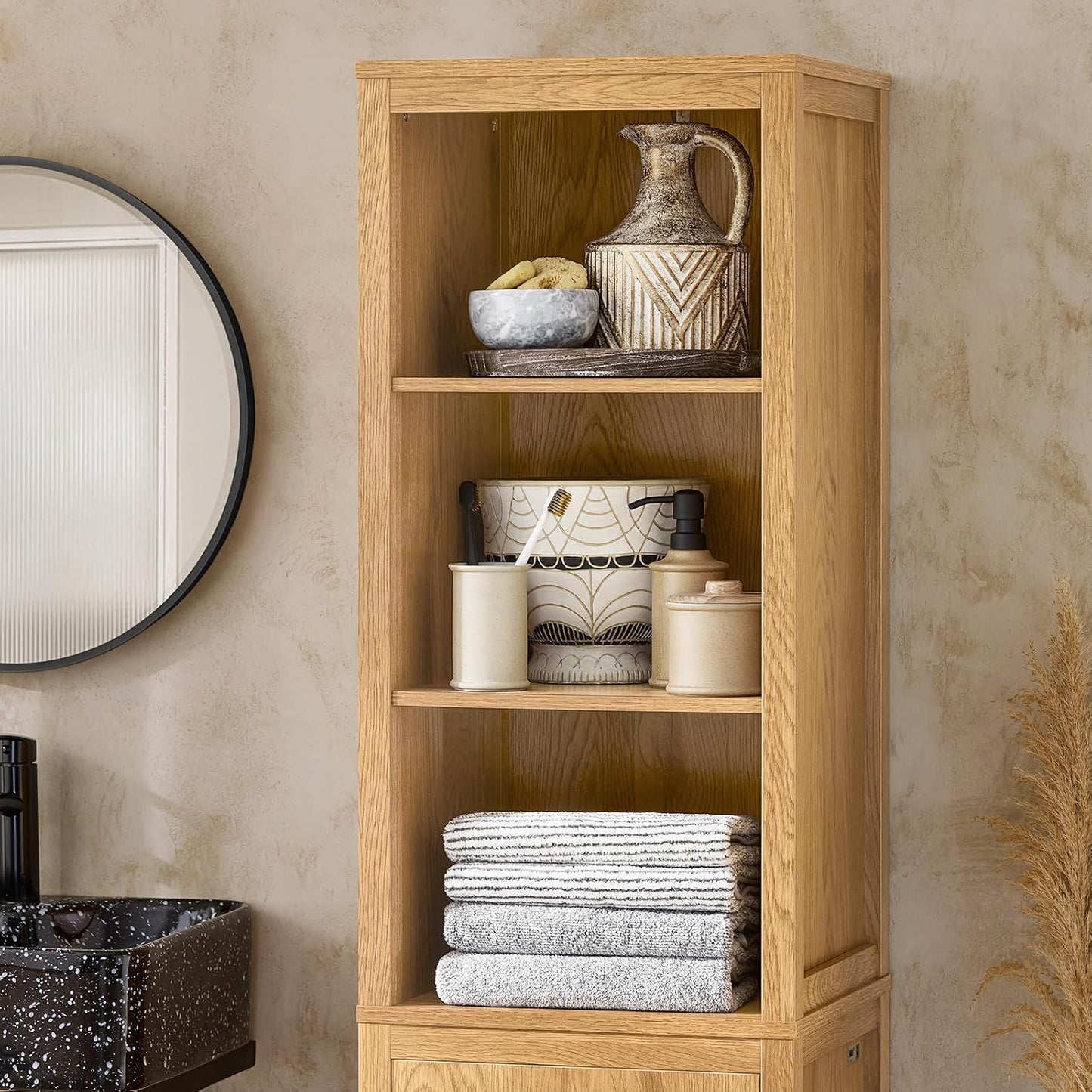 SoBuy Hoher Badezimmerschrank mit Wäschekorb und 3 Einlegeböden – Wandmontage – Holz – 40 x 35 x 173 cm