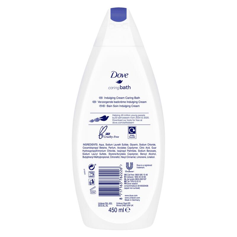 Dove Caring Bath Indulging Cream Badecreme – 450 ml – Feuchtigkeitsspendender Badeschaum mit ¼ Pflegecreme – Für eine weiche und geschmeidige Haut