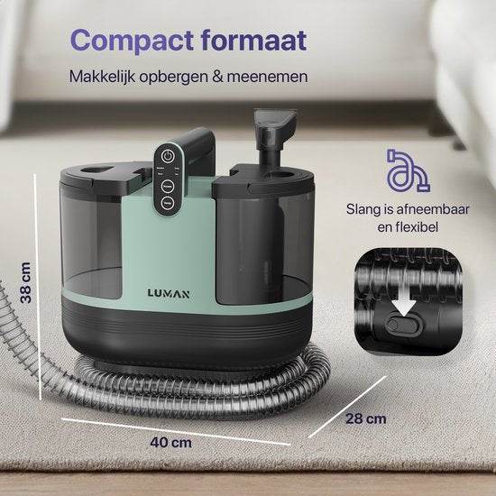 LUMAN 4 in 1 Teppichreiniger - Heizfunktion und Selbstreinigung - Fleckenreiniger - Sitzreiniger - Reiniger für Sofa, Boden, Auto und Teppich - 4 Bürsten - Inklusive Reinigungsmittel - 7 Meter Kabel