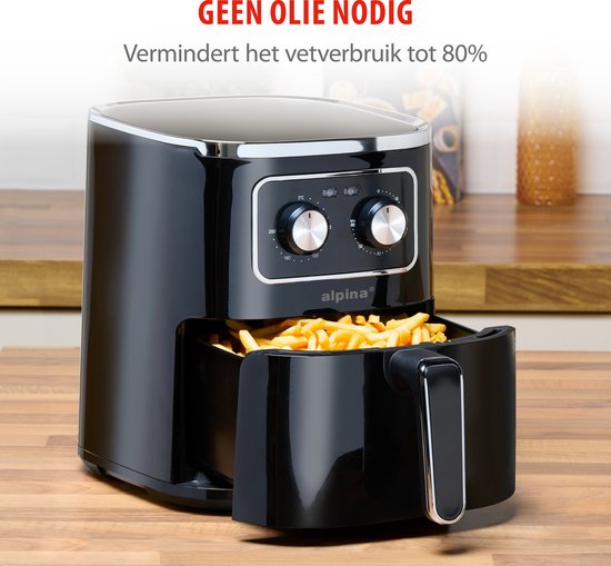 alpina Airfryer 4.5L- Heißluftfritteuse für 3 bis 4 Personen - Luftfritteuse mit einstellbarer Temperatur von 80°C bis 200°C - Timer bis zu 60 Minuten - Heißluftfritteuse 1450W - Schwarz