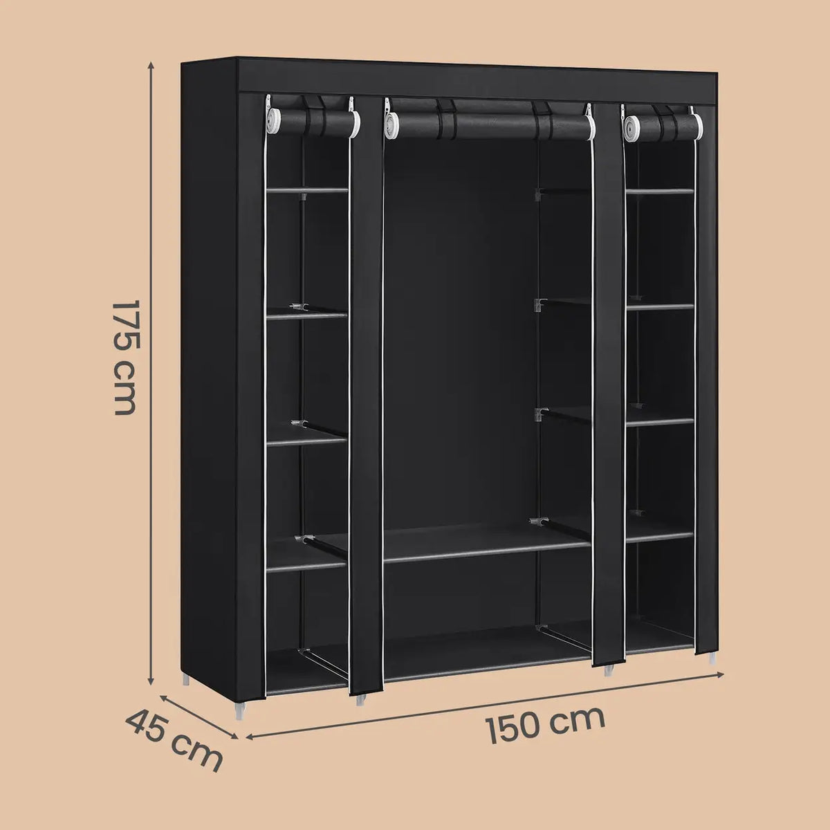 JOYFURNOS Kleiderschrank 150 x 45 x 175 cm – Schwarz – 12 Einlegeböden und Kleiderstange – Aufbewahrungsmöbel für Kleidung aus Stoff