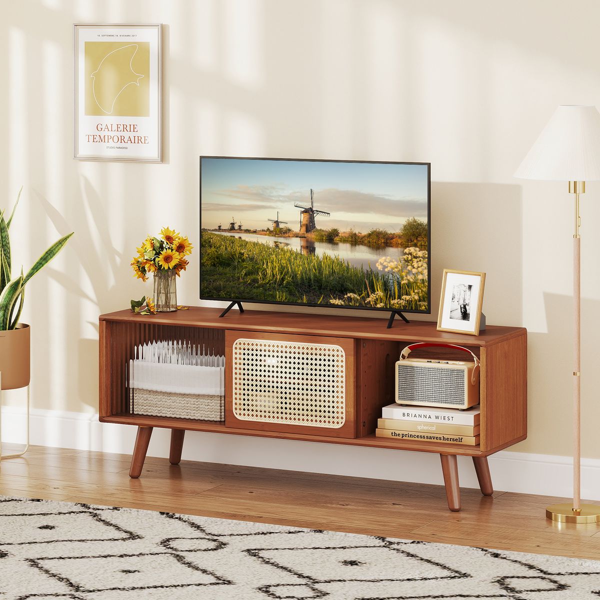 Coast TV-Möbel – Bambus mit Schilf und Glasschiebetür – verstellbares Regal – braun – 120,5 x 31 x 45,5 cm