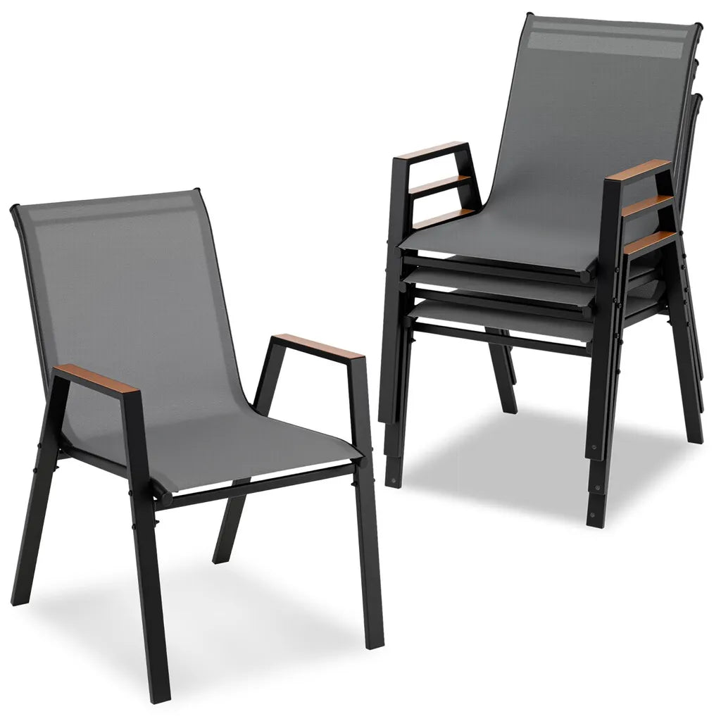 Coast Stapelbares Gartenstuhl-Set, 4er-Set – Balkonstühle mit Armlehnen, 56 x 66 x 88 cm – Grau
