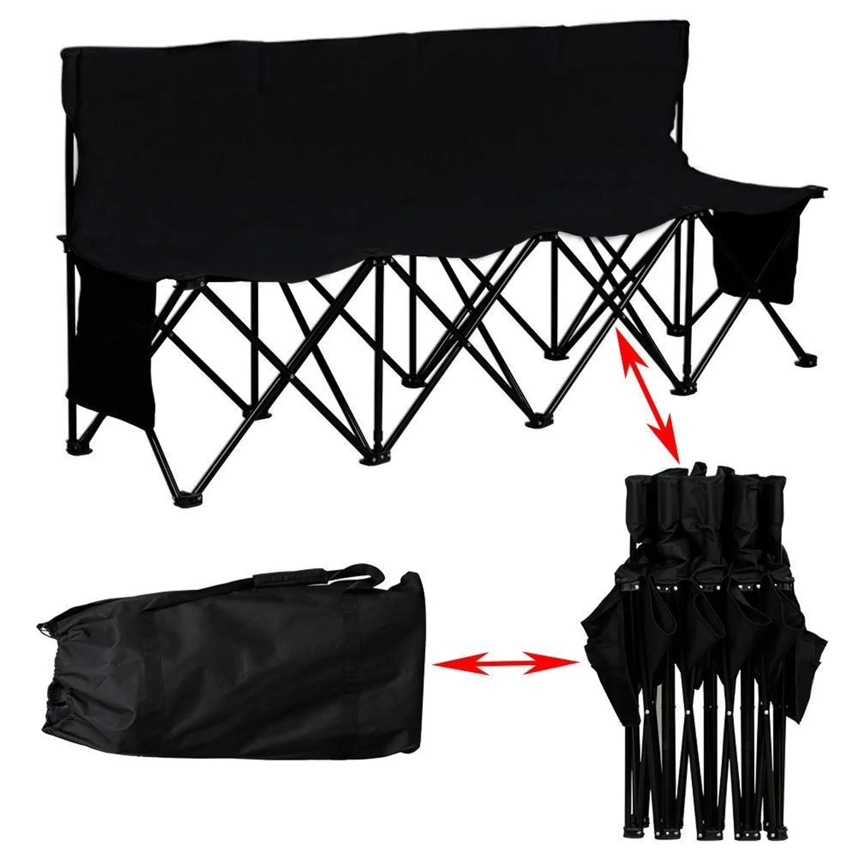Yaheetech Camping Bank faltbar 4-Personen - 184 x 49 x 82,5 cm - Ausgestattet mit 600D Oxford-Gewebe und Tragetasche und 2 Aufbewahrungsfächer - Für Camping und Sport-Turniere - Schwarz Metall