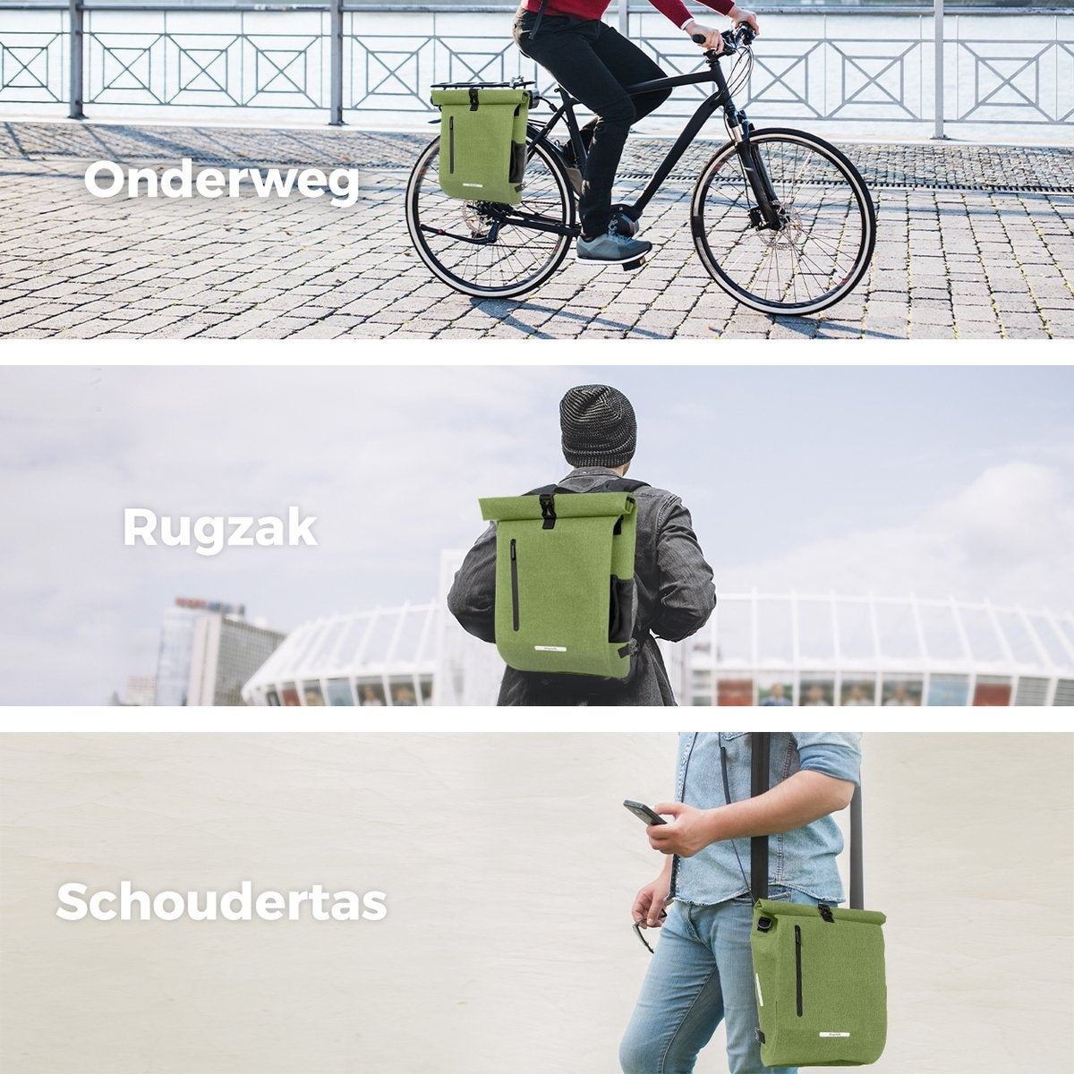 LifeGoods Single Bicycle Bag - Kompakt - Umhängetasche und Rucksack - 25L - Runder Gepäckträger - Wasserdicht - Olivgrün