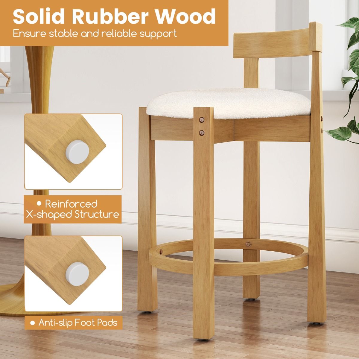 Coast Barhocker, 2er-Set – mit Rückenlehne und Fußstütze – Sitzfläche aus Teddy-Velours – Sitzhöhe 62 cm – Natur und Beige