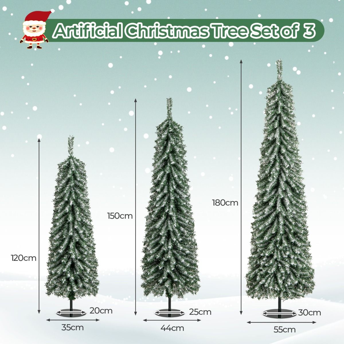 Coast Kunstweihnachtsbäume-Set – Bleistiftform – mit Kunstschnee und LED-Beleuchtung – 120/150/180 cm