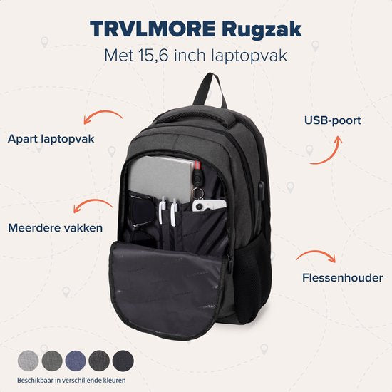 TRVLMORE Rucksack mit Lifetime - Rucksack mit 15.6 Zoll Laptopfach - Schultasche - Spritzwassergeschützt - Männer und Frauen - Jungen und Mädchen - 28L - Anthrazit