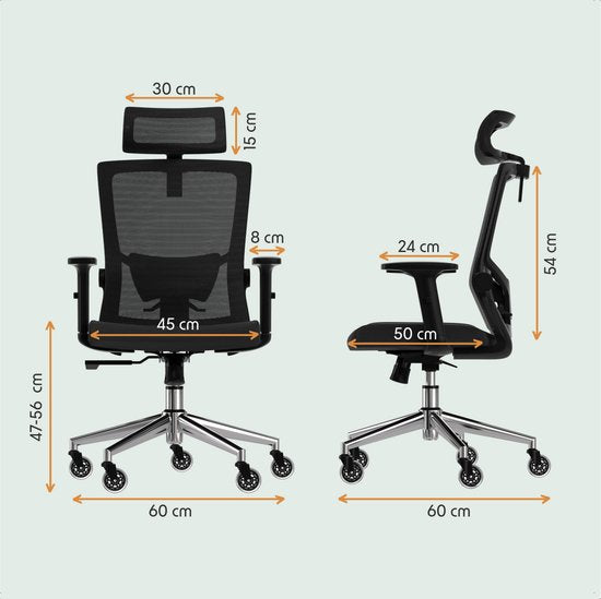 LifeGoods Ergonomischer Bürostuhl - mit extra Anti-Kratz-Rädern - Bürostuhl - NEN und SGS zertifiziert - Erwachsene - Kopfstütze - Schwarz/Chrom