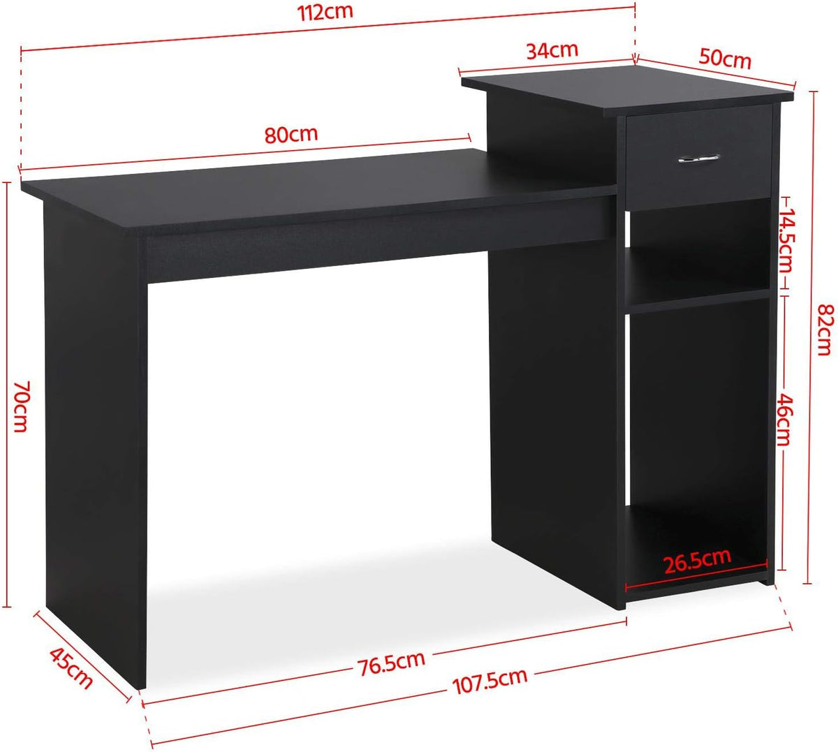 Yaheetech Computertisch – mit Schublade und 2 Ablageböden – 112 x 50 x 82 cm – Schwarz
