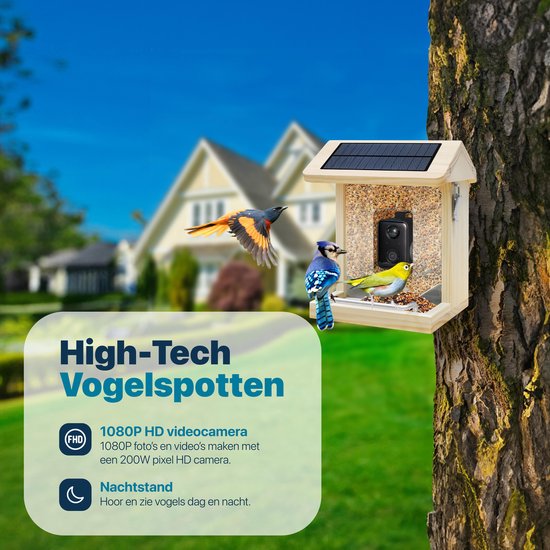 BOME - Vogelfutterautomat - Kamera und Audio - AI-Vogelerkennung - Holz - Doppeltes Solarmodul - Hängend