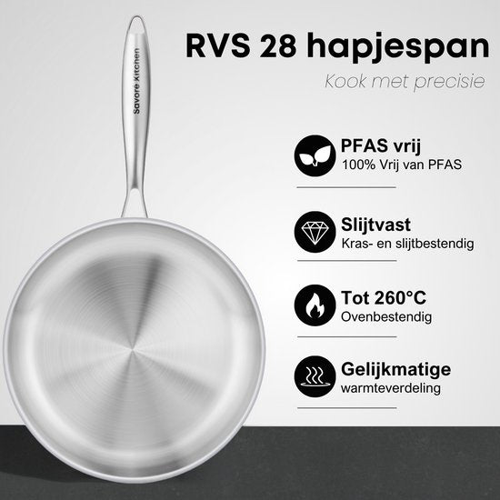 Savoré Kitchen Pfanne 28 cm mit Deckel – induktionsgeeignet – Sauteerpfanne aus Edelstahl – PFAS-frei