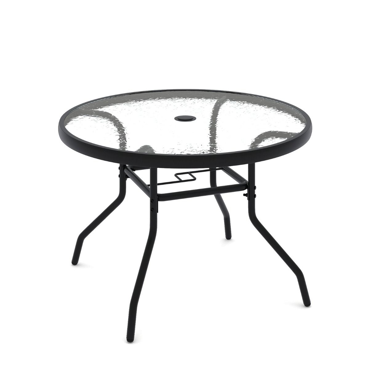 Coast Runder Beistelltisch für den Außenbereich – Tischplatte aus gehärtetem Glas – Sonnenschirmloch 4,2 cm – Schwarz 70 x 70 x 45,5 cm