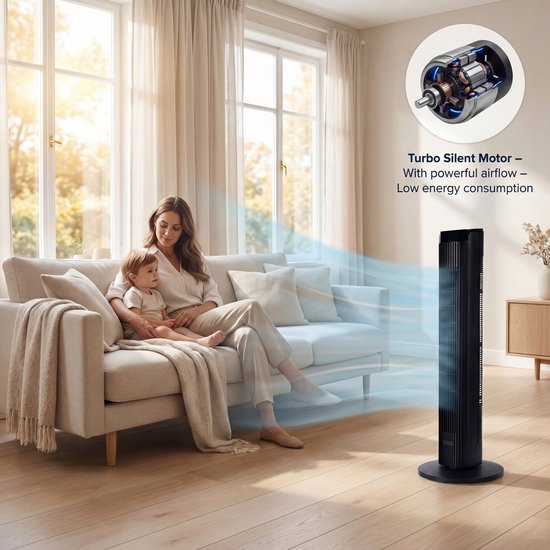 Princess DC Turmventilator 91 cm – besonders leise – 12 Geschwindigkeitsstufen – 4 Windmodi – 90°-Oszillation – Timer 1–24 Stunden – mit Fernbedienung – schwarz – 352370