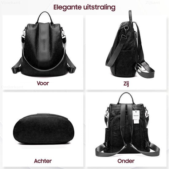 Glennoo Anti-Diebstahl-Rucksack Damen - Rucksack Damen - PU-Leder - Schwarz