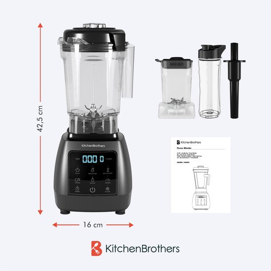 KitchenBrothers 2-in-1 Power Blender - 1600W - 2L - Komplettset mit Zerkleinerer und To-go Becher - Smoothie Maker - Ice Crusher - Metallic Grau