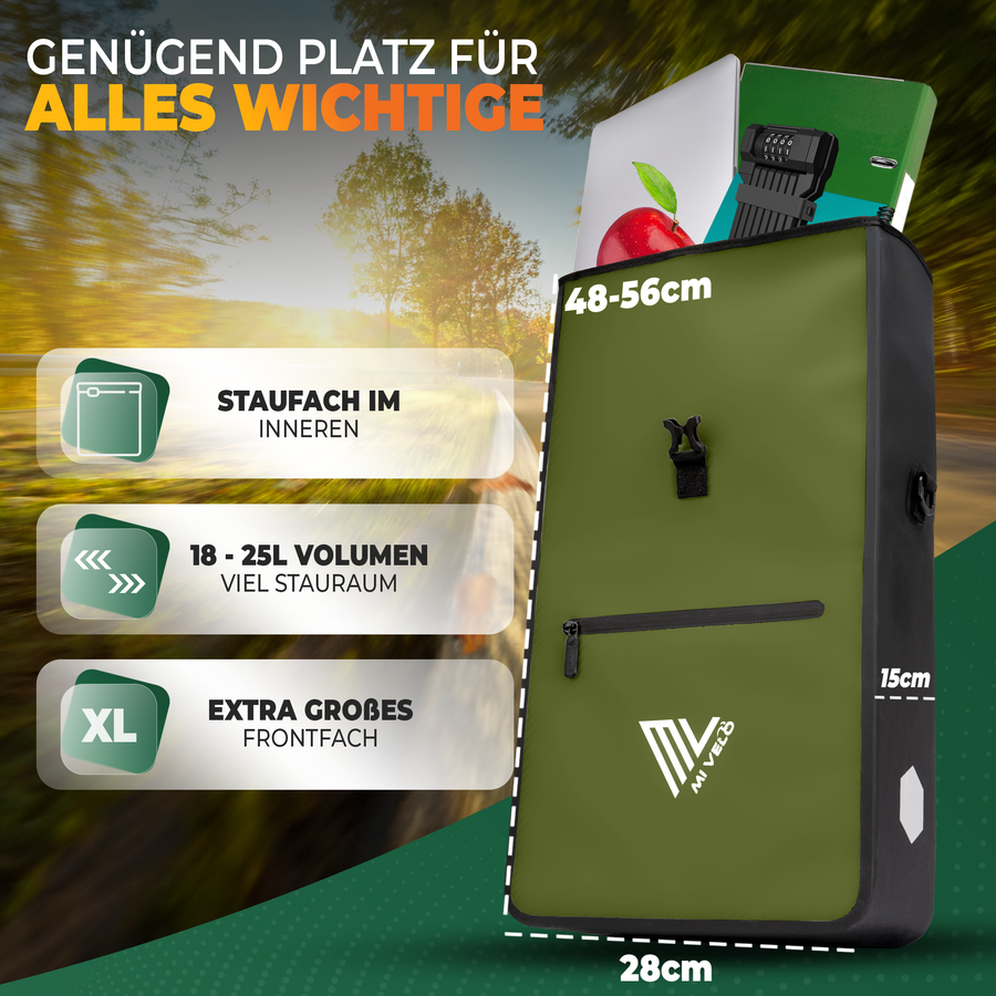 MiVelo Max - 2-in-1 wasserdichte Packtasche für Gepäckträger - Olivgrün - 25 L