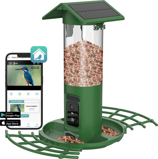 BOME Vogelhäuschen – Doppelte 2K-HD-Kamera – Futtersilo – KI-Vogelerkennung – Mit Solarmodulen