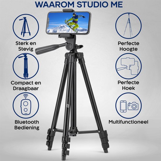 Studio ME Stativ Smartphone - 128 cm - Inkl. Bluetooth-Fernbedienung - Schwarz