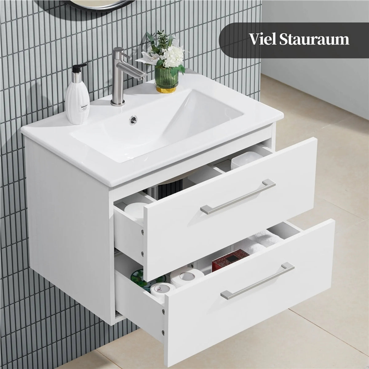 Yaheetech Hängender Waschtischunterschrank mit Keramikwaschbecken – 2-teilig – 61 x 39,5 x 45,5 cm – Weiß