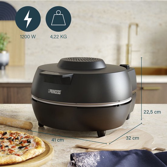 Princess 115005 Pizzaofen – Pizzabacker und Ofen – Einstellbarer Thermostat und Timer – 1200 W – Keramik-Pizzastein – 410 Grad – Durchmesser 30 cm – Schwarz