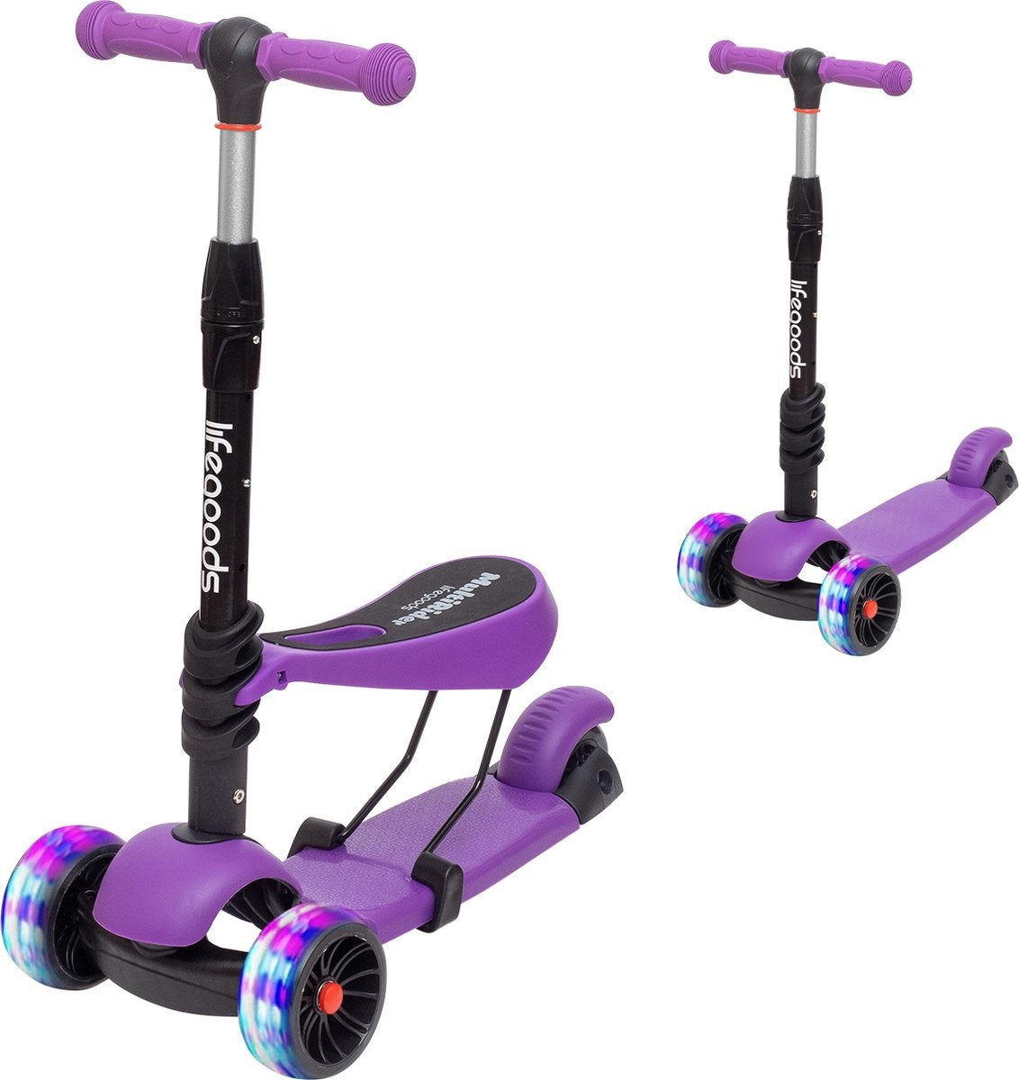 LifeGoods MultiRider Kinder-Roller - Stufe 3-8 Jahre - Verstellbarer Sitz - Leuchtende Räder - Jungen/Mädchen - Lila