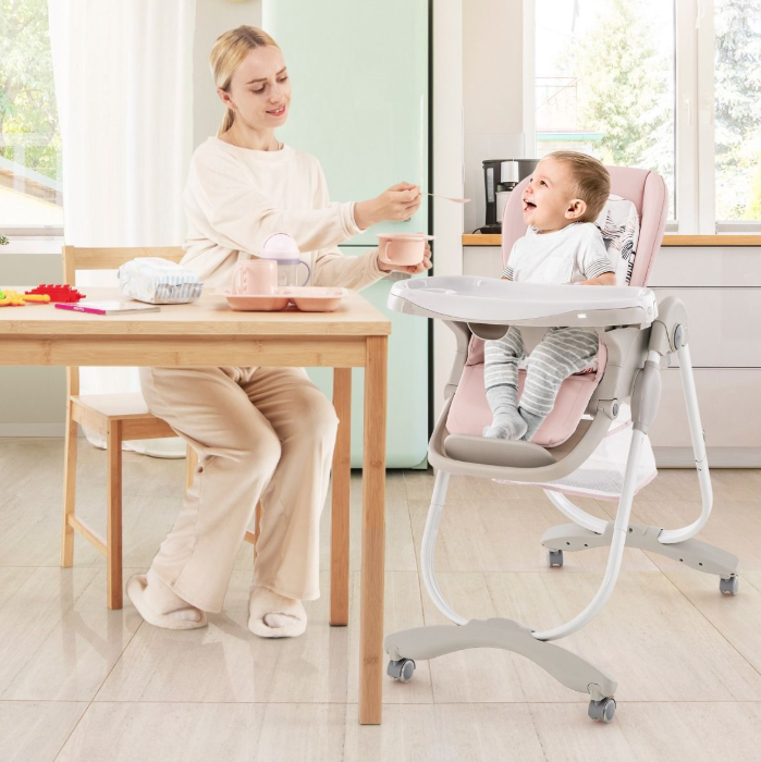 Coast Multifunktionaler Kinderhochstuhl, zusammenklappbar – Rosa – 102 x 59 x 92–110 cm – höhenverstellbar, mit Rollen