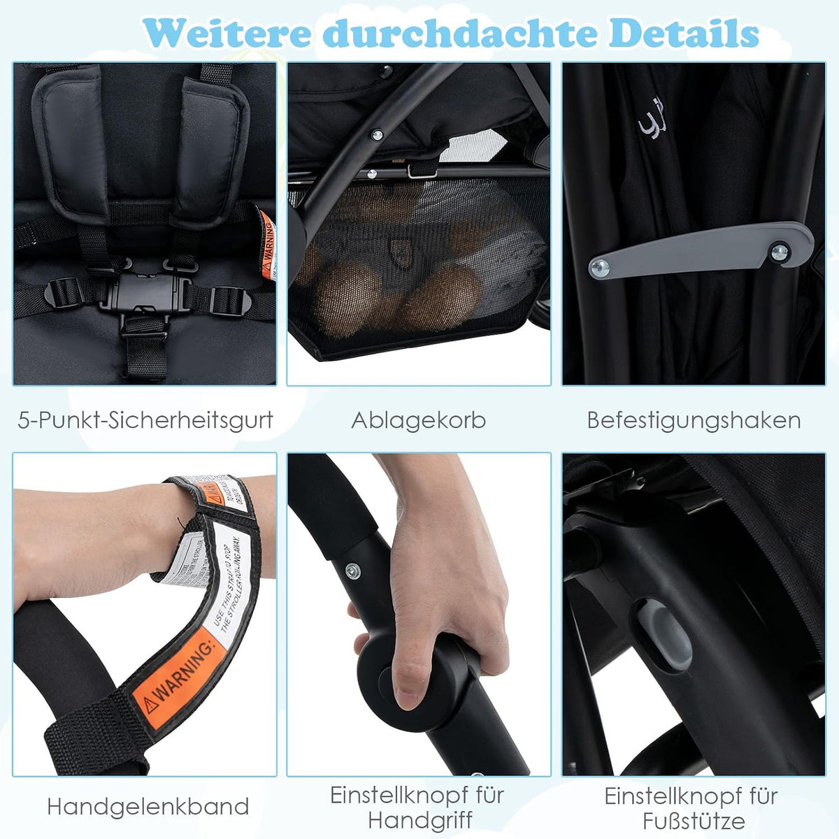 Coast Tandem-Kinderwagen für zwei Kinder – zusammenklappbar mit verstellbarer Rückenlehne – schwarz – Metall