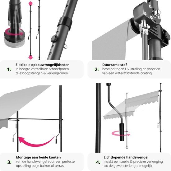 tectake - Klemmmarkise - Sonnenschirm - Markise - Verstellbar - Klemmmarkise - Sonnenschirm Balkon - 200 x 180 cm - hellgrau - Markise - 404958