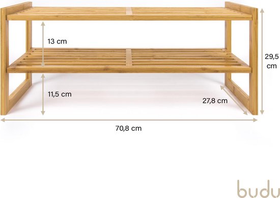 Budu Schuhregal (2 Ebenen) - Bambus Schuhschrank - Holzschuhschrank - Schuhregal Holz