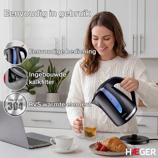 Haeger Blackness Wasserkocher – um 360° drehbar – 1,7 l – 2200 W – elektrisch – Cool-Touch – schwarz