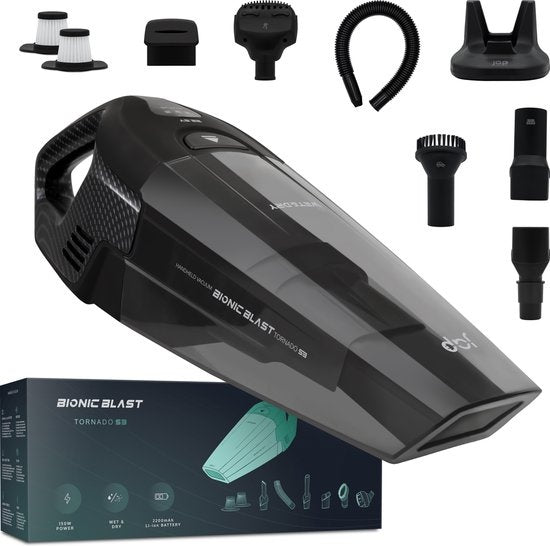 JAP Tornado S3C - Fest und flüssig - Alles in einem Handstaubsauger - Auto, Haustiere und Haus - Kabellos - Beutelloser Staubsauger - 5 Köpfe - 22.2V - Carbon