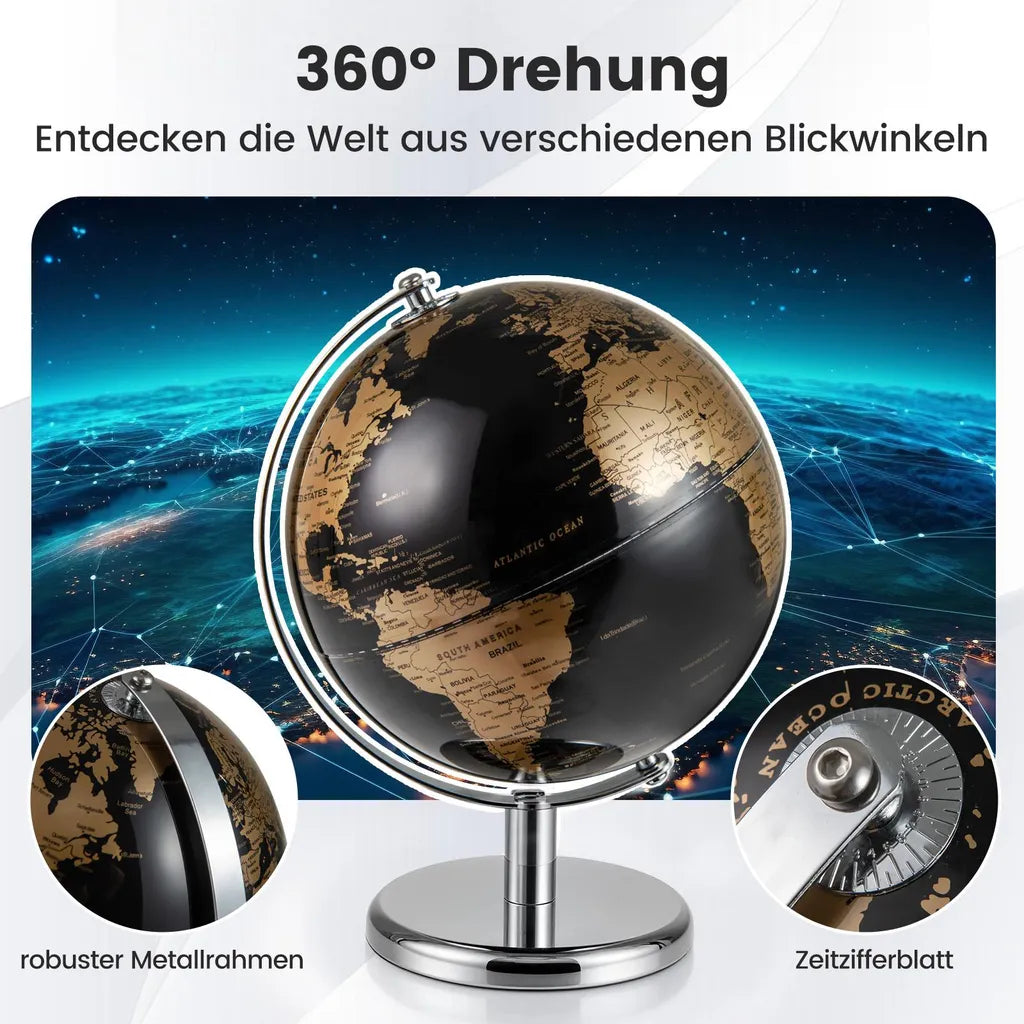 Coast Globus 20 cm – Schwarz/Gold – um 360° drehbar – mit Metallständer – 21 x 21 x 27 cm